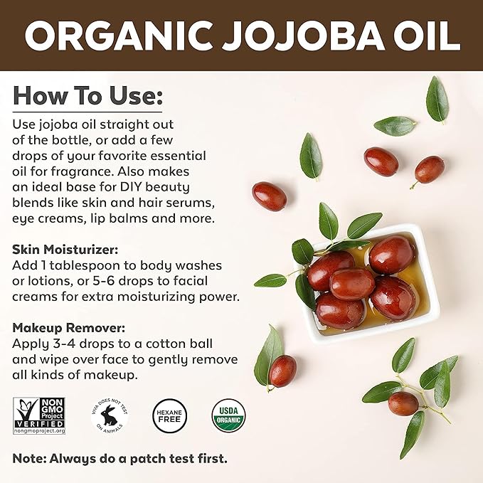 Viva Naturals Organic Jojoba Oil - Pure Cold-Pressed for Skin and Hair, USDA Certified Face