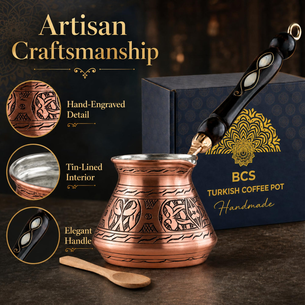 BCS 12 oz Handmade Copper Turkish Coffee Pot, Hand-Engraved Cezve & Spoon