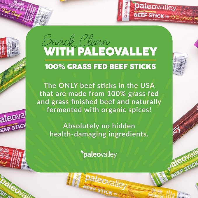 Paleovalley 100% Grass Fed Beef Sticks - Delicious Gluten Free Beef Snack - High Protein Keto