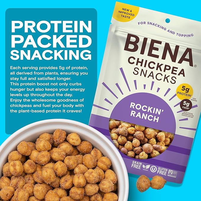 BIENA Chickpea Snacks - Crunchy Roasted Chickpeas - High Fiber Vegan Protein Snacks for Adults and