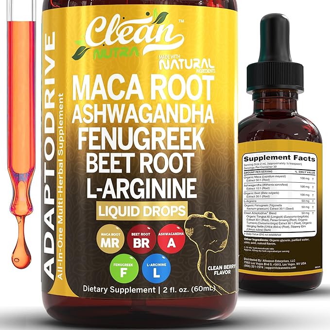 Clean Nutra Organic Maca Root Liquid Drops with Ashwagandha, Fenugreek, Beet Root and L-Arginine
