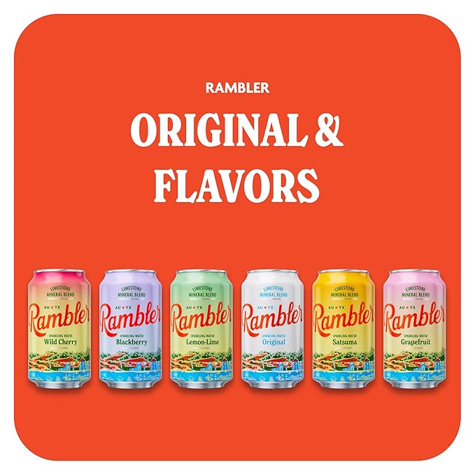 AUTX RAMBLER Sparkling Water, Texas Limestone Mineral Blend, Satsuma Flavor, 12-Ounce Cans, Three