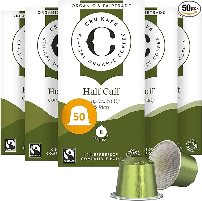 Cru Kafe USDA Organic Half Caff Espresso Coffee Capsules (50 Pods) Fairtrade Coffee Pods Compatible