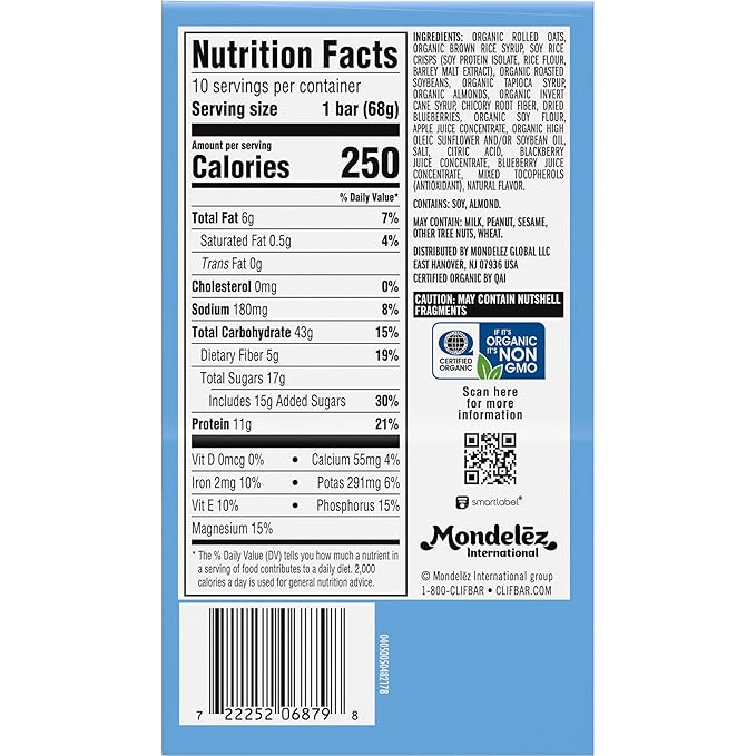 CLIF BAR - Blueberry Almond Crisp - Made with Organic Oats - Energy Bars - Non-GMO - Plant Based