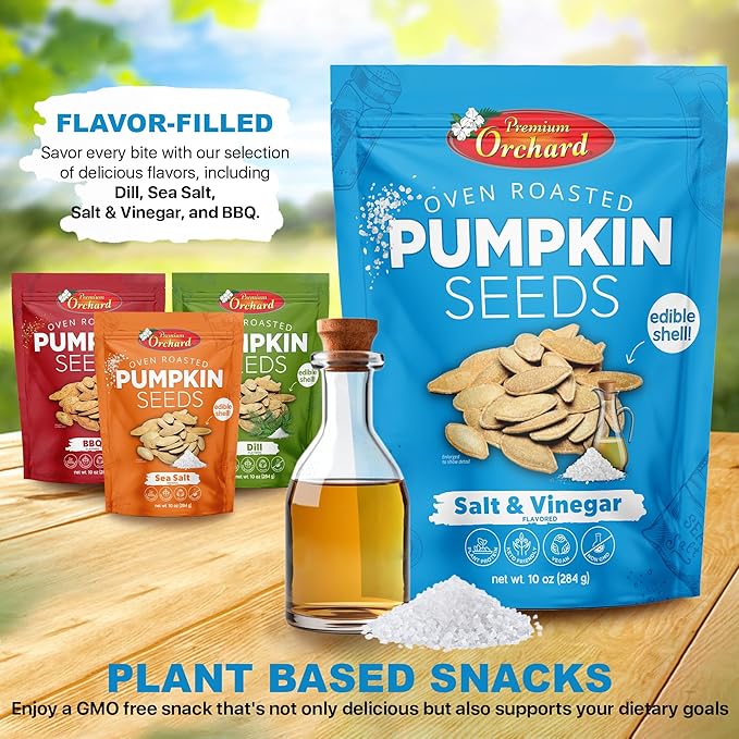 PREMIUM ORCHARD Flavored Pumpkin Seeds Oven Roasted | Salt and Vinegar| High Protein Snacks for