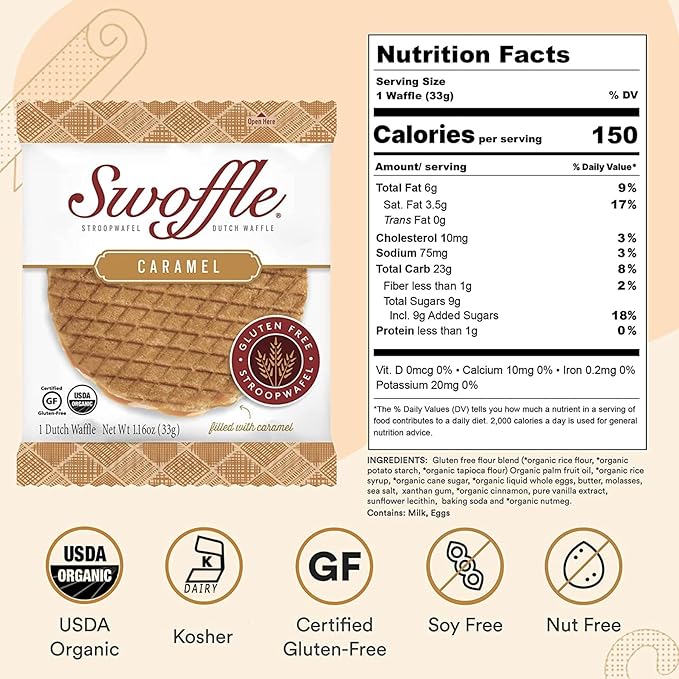 Gluten Free Organic Stroopwafels by Swoffle - Caramel Filled | (4) 1.16oz Wafers | non-GMO, Wheat