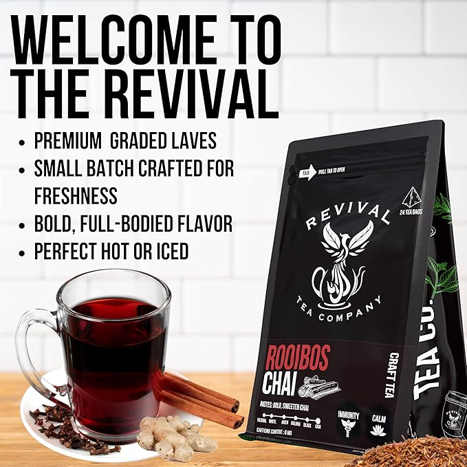 Revival Tea Company Rooibos Chai Tea - Rooibos Red Tea Blend with Fresh Spiced Chai Flavor