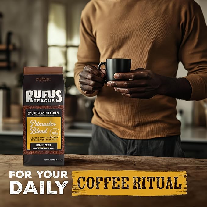 Rufus Teague Pitmaster Blend Ground Coffee, Gourmet Fresh Dark Roasted Coffee, Smoke Roasted Java
