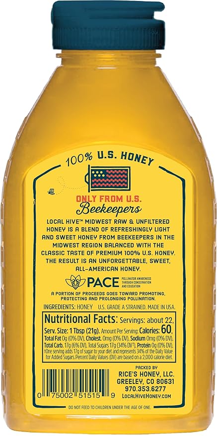 Local Hive Midwest Raw Unfiltered Honey – 16 oz, 100% Pure US Honey, Sourced from American Bees and