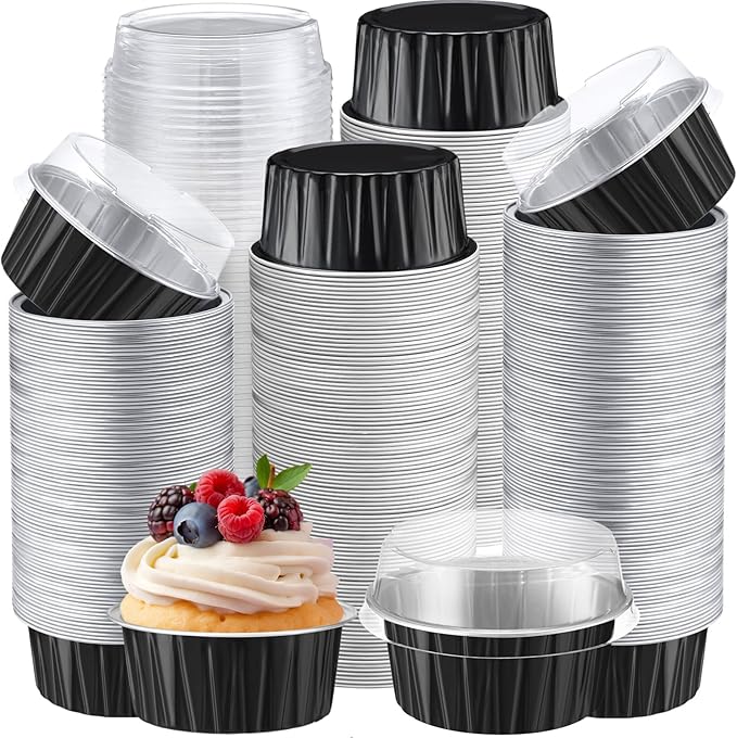 Gejoy 400 Pcs Aluminum Foil Baking Cups with Lids 5 oz Disposable Ramekins Mini Cake Pans Creme