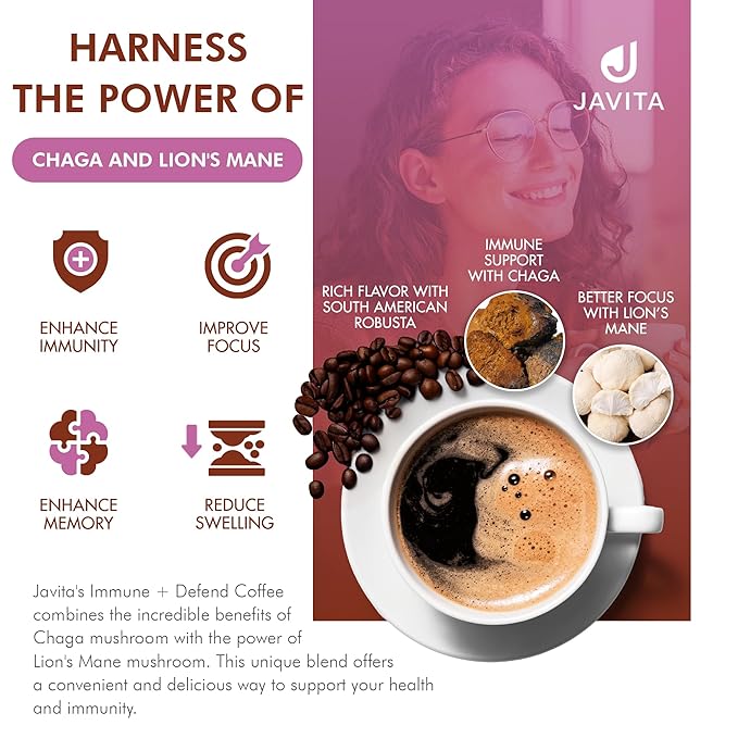 Mushroom Coffee by Javita, Immune & Defend Blend of Chaga, Lion's Mane and Dark Roast Coffee for