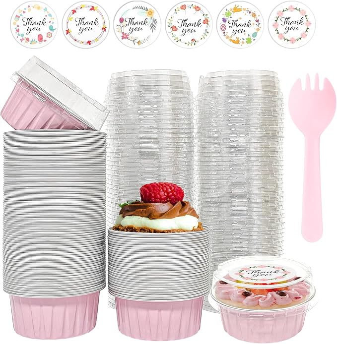 100 PCS Aluminium Foil Baking Cups, Mini Cake Pans with Lids and 100 PCS Spoons, 5 oz Disposable