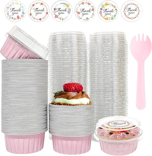 100 PCS Aluminium Foil Baking Cups, Mini Cake Pans with Lids and 100 PCS Spoons, 5 oz Disposable