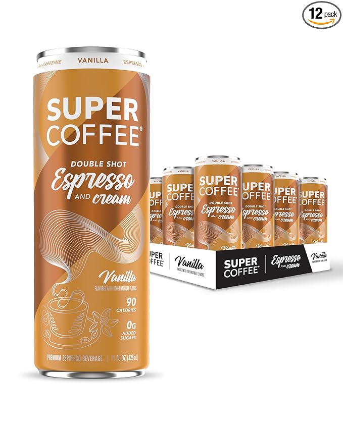 SUPER COFFEE Espresso, Iced Keto Coffee (0g Added Sugar, 90 Calories) [Vanilla] 11 Fl Oz, 12 Pack |