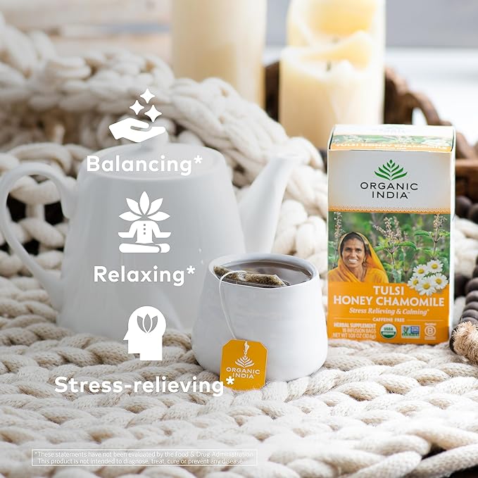 Organic India Tulsi Honey Chamomile Herbal Tea - Holy Basil, Stress Relieving & Calming, Immune