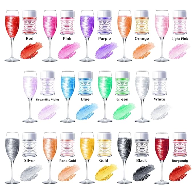 Edible Glitter for Drinks ??14 Colors Luster Dust, Food Grade Cocktail Shimmer Powder for Cakes