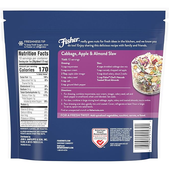 Fisher Chef's Naturals Unsalted Toasted Sliced Almonds 10oz Resealable Bag, Raw Nuts Perfect for