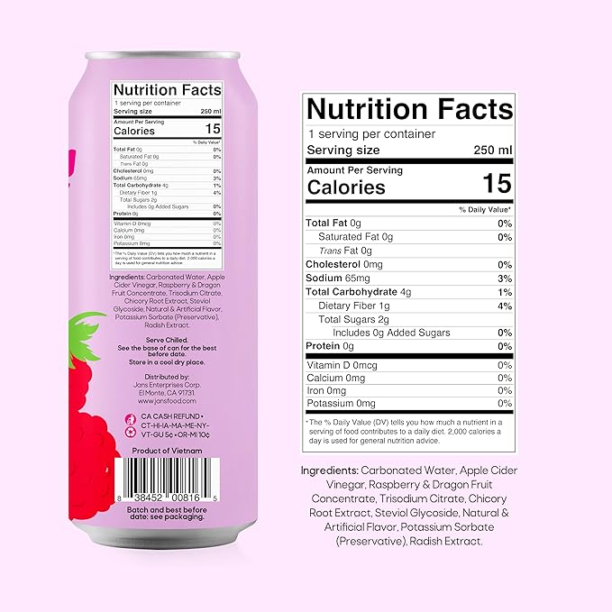 Jans Sparkling Prebiotic Soda Beverage ??Dragonfruit & Raspberry 8.4 Fl Oz (24-Pack) ??Low Calorie
