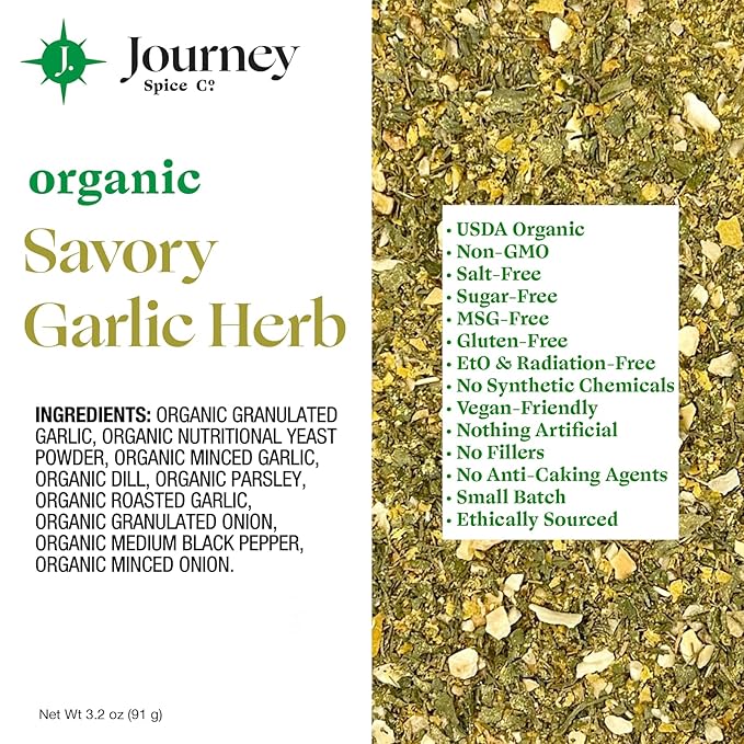 Organic Savory Garlic Herb Seasoning by Journey Spice Co. | Salt-Free, Sugar-Free, Non-GMO