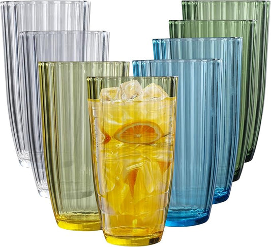 Acrylic Clear Highball Plastic Cups | Plastic Reusable Tumblers 20oz (Set of 8) | Stackable |
