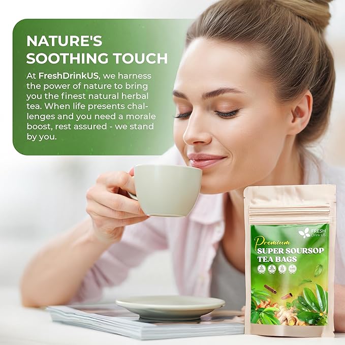 FreshDrinkUS, Super Soursop Herbal Tea ??40 Tea Bags | Soursop, Ginger, Turmeric, Lemongrass