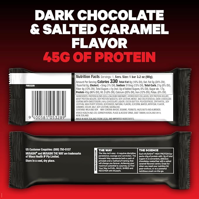 MUSASHI High Protein Bar, 45g Protein, <1g Total Sugars, Dark Chocolate & Salted Caramel, Post