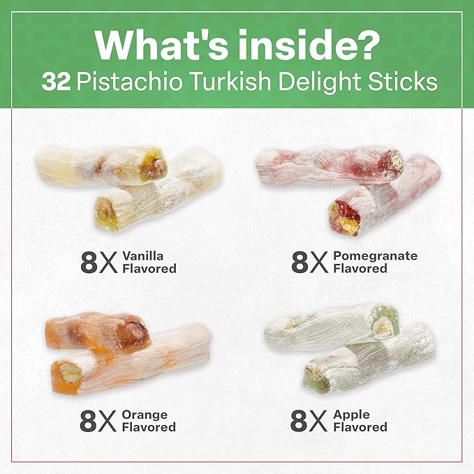 Eastanbul Turkish Delight, 8.8oz, Turkish Delights Candy Sticks Pistachio Filled w/ 4 Flavors: