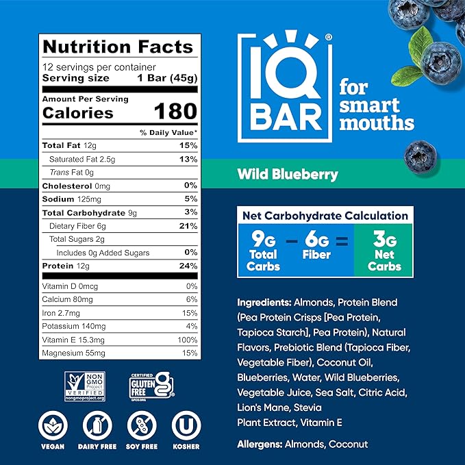 IQBAR Brain and Body Plant Protein Bars - Wild Blueberry - 24-Count Low Carb - Gluten Free, High