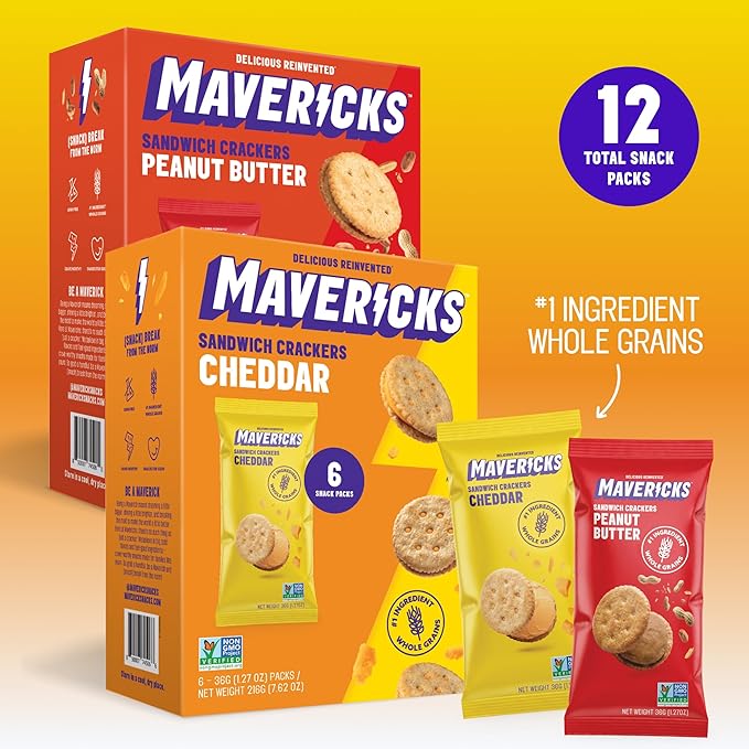 Mavericks Sandwich Crackers Variety Pack - Peanut Butter & Cheddar Snack Crackers, Whole Grain - 2
