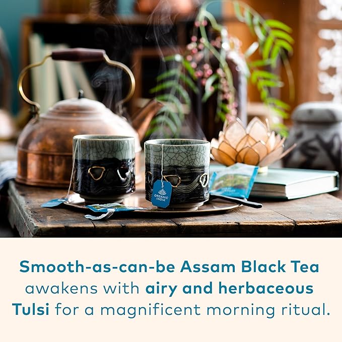 ORGANIC INDIA Tulsi Breakfast Herbal Tea - Black Tea, Holy Basil, Relieve Stress & Energize, USDA