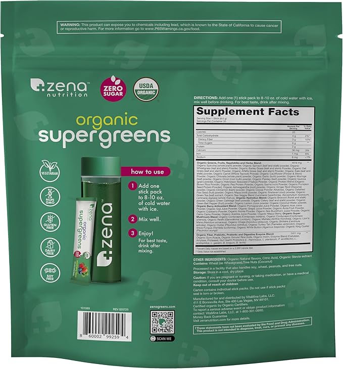 Zena Nutrition Organic Super Greens Powder, 70+ Superfoods, 0 Sugar, 3G Fiber, Spirulina