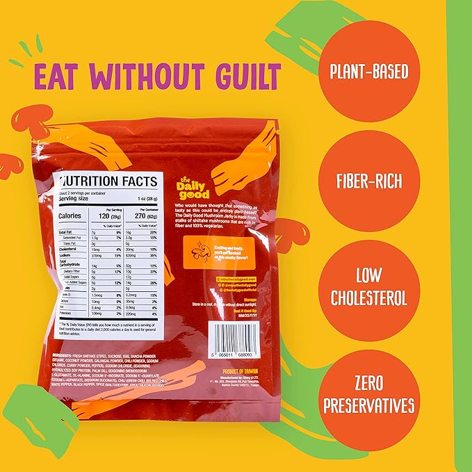 The Daily Good Mushroom Jerky - Single-Pack Snacks, High-Fiber Mushroom Snack, Meatless &