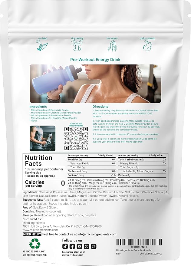 Micro Ingredients Hydration Electrolyte Powder, 2 lb (139 Servings) | Lemon Raspberry Flavor | High