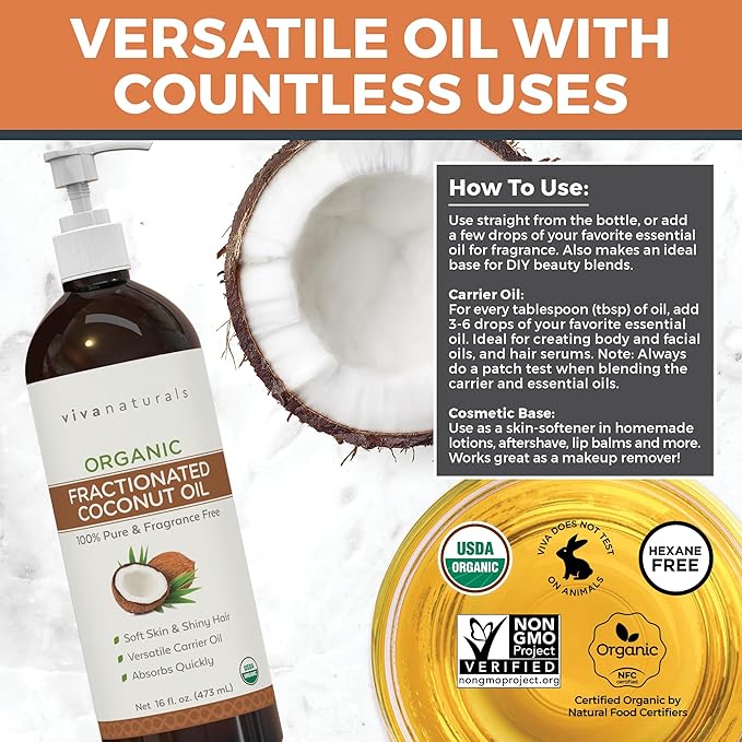 Viva Naturals Organic Fractionated Coconut Oil - Skin & Hair Moisturizer, Relaxing Massage and Body