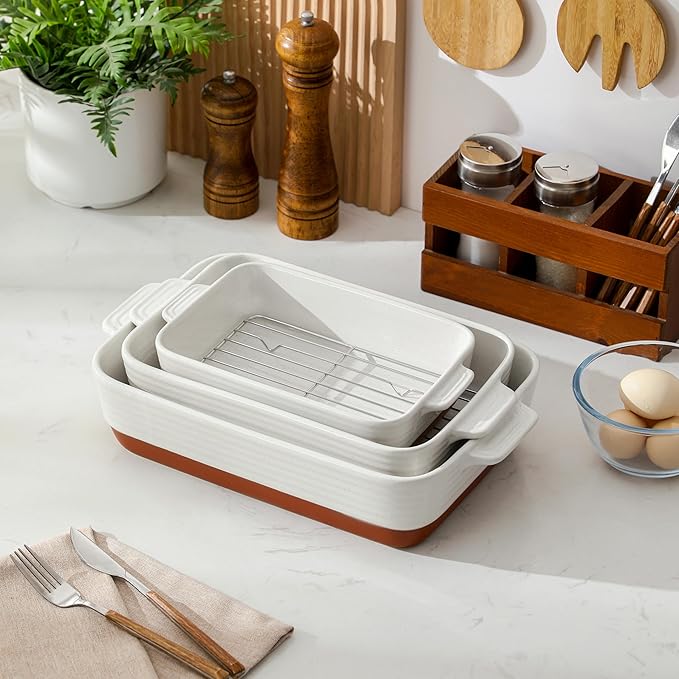 MALACASA Casserole Dishes for Oven with Roasting Racks, Ceramic Baking Dishes Set of 3, Baking Pan