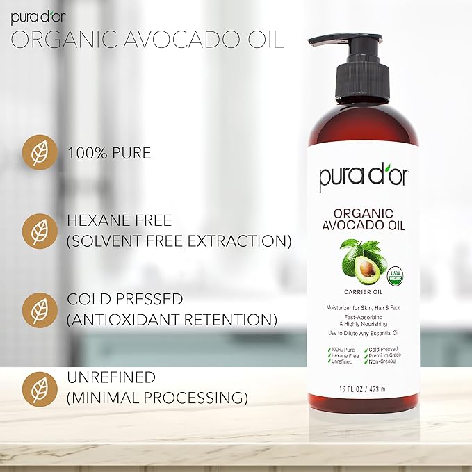 PURA D'OR 16 Oz ORGANIC Avocado Oil - 100% Pure & Natural USDA Certified Cold Pressed Carrier Oil