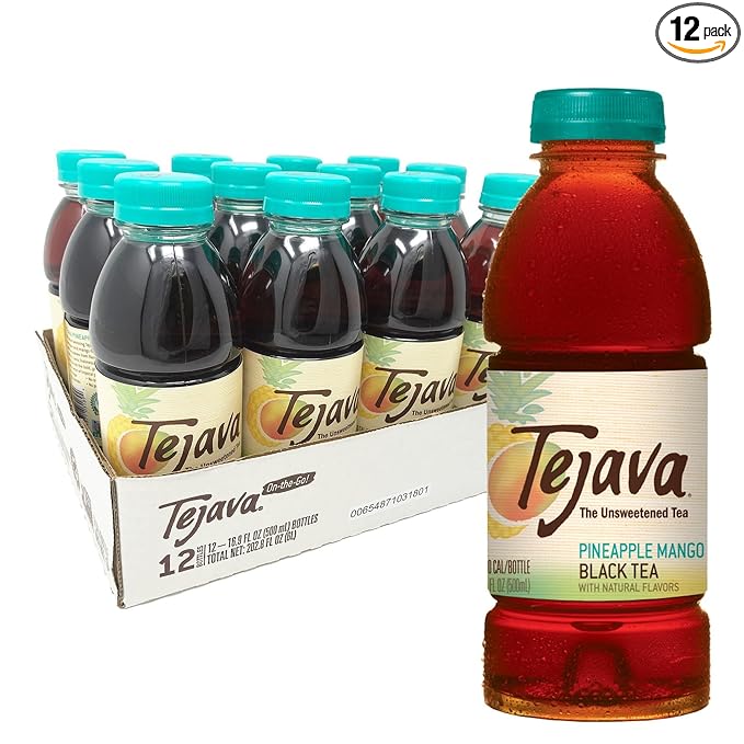 Tejava Pineapple Mango Black Iced Tea, 12 Pack, 16.9oz PET Bottles, Unsweetened, Non-GMO, Kosher