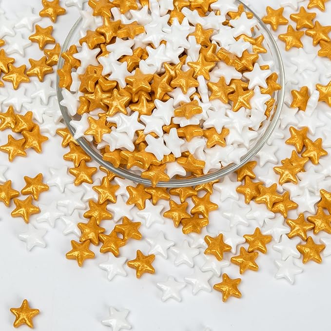 Edible Star Sugar Sprinkles, Gold and White Mix Size,Candy Star Sprinkle for Cake Decorations and