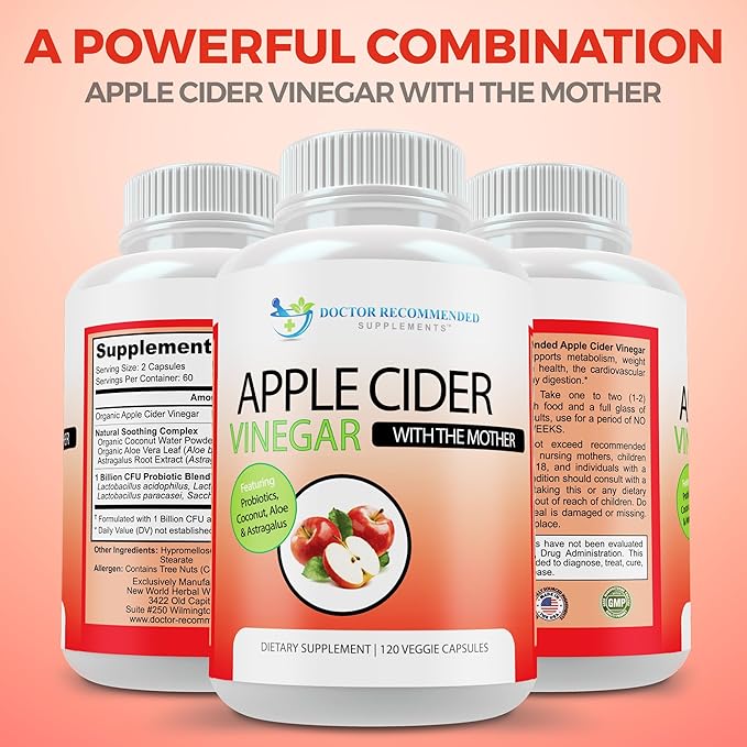 Apple Cider Vinegar Capsules - (120 Veggie Capsules) Organic ACV Supplement with Probiotics
