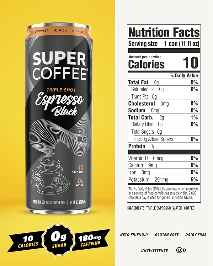 SUPER COFFEE Espresso, Iced Keto Coffee (0g Added Sugar, 10 Calories) [Triple Shot Black] 11 Fl Oz