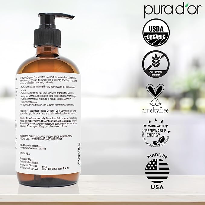 PURA D'OR 16.9 Oz ORGANIC Fractionated Coconut Oil MCT Oil (GLASS BOTTLE) 100% Pure & Natural USDA