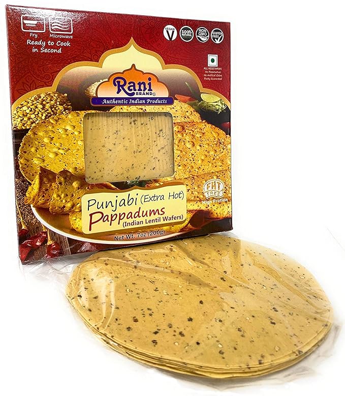 Rani Pappadums (Indian Lentil Wafer Snack) Punjabi Papad - Extra Hot, 7oz (200g) Approximately