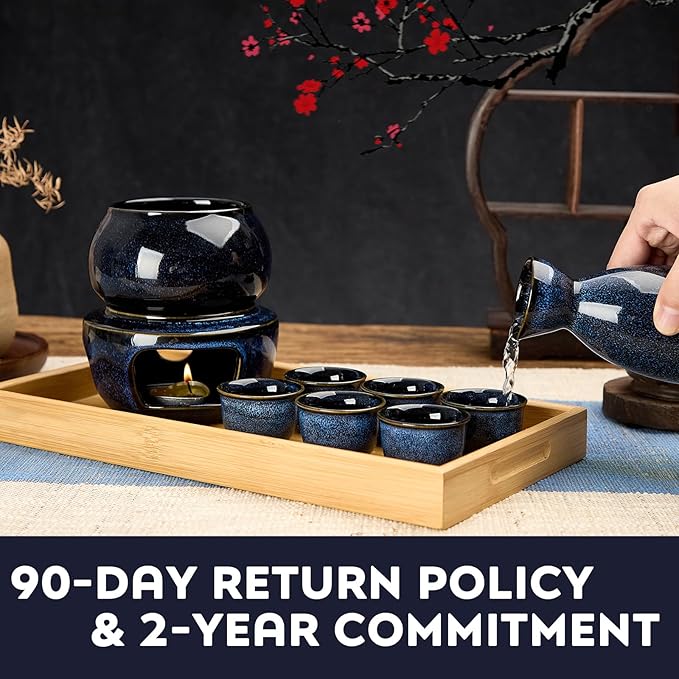 DUJUST 10 pcs Japanese Sake Set with Warmer for 6, Kiln Altered Glaze Porcelain Sake Set, 6 Sake