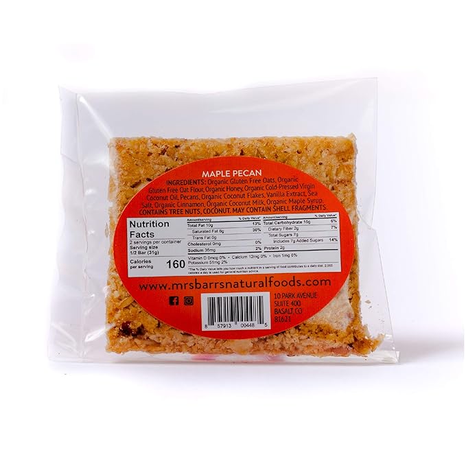 Mrs. Barr’s Natural Foods Granola Bars | Maple Pecan | Certified Organic Gluten Free Oats | Soft