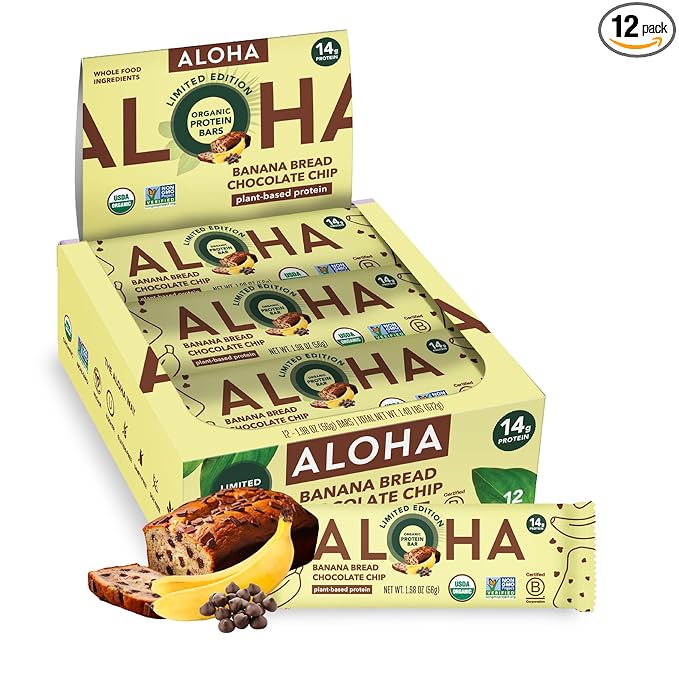 ALOHA Organic Plant Based Protein Bars - Banana Bread Chocolate Chip - 12 Count, 1.9oz Bars - Vegan