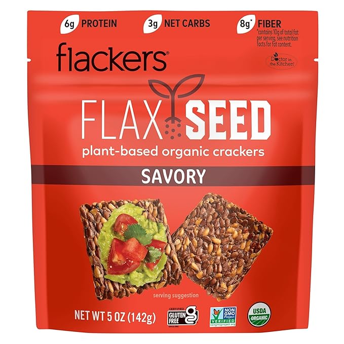 Flackers Organic Savory Flaxseed Crackers, 5 Ounce 1-Pack, Gluten Free, Non GMO, Vegan, Keto Snack