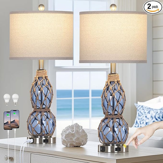 26" Coastal Glass Table Lamps Set of 2, 3-Way Dimmable Touch Lamps with USB Ports and AC Outlet