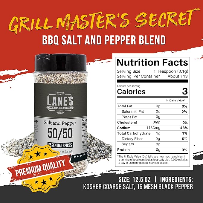 Lane's BBQ Salt and Pepper 50/50 | Coarse Salt and 16 Mesh Black Pepper | Bulk Spices | Gluten-Free