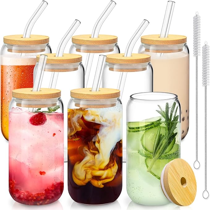 16 Oz Drinking Glasses with Bamboo Lids and Glass Straw - 8 Pcs Glass Cups Beer Ice Coffee Glasses
