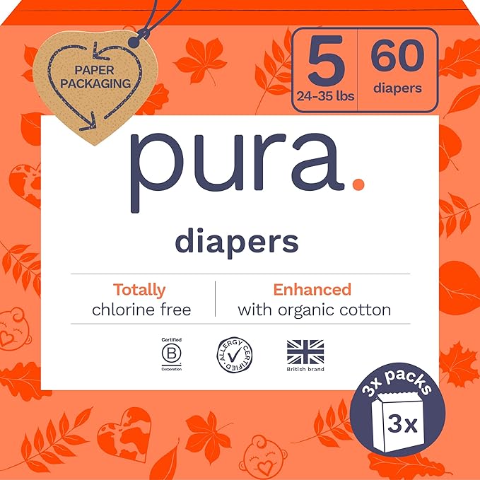 Pura Size 5 Eco-Friendly Diapers (24-35 lbs) Totally Chlorine Free (TCF) Hypoallergenic, Soft
